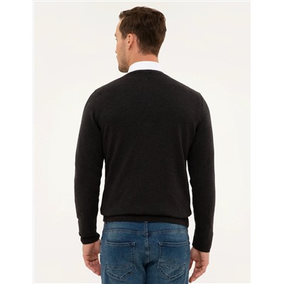 Antrasit Melanj Slim Fit V Yaka Basic Triko Kazak