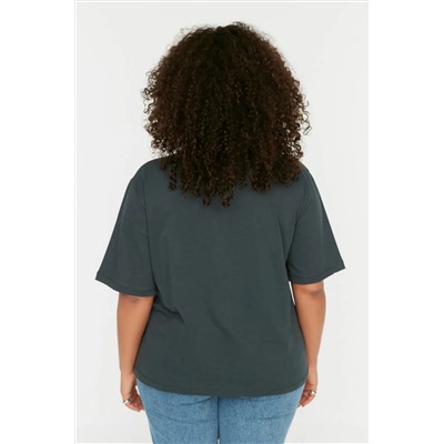 Antrasit Boyfriend Fit Bisiklet Yaka Baskılı %100 Pamuk Örme Büyük Beden T-Shirt TBBSS22TS1944