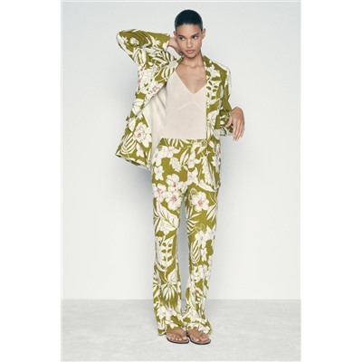 LINEN BLEND FLORAL PRINT TROUSERS
