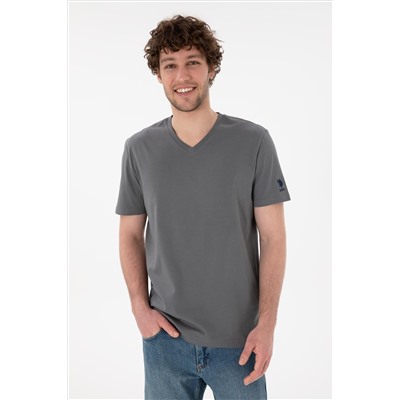 Erkek Regular Fit  V Yaka Antrasit Basic Tişört