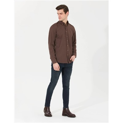 Kahverengi Slim Fit Uzun Kollu Gömlek