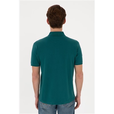 Erkek Slim Fit Polo Yaka Koyu Yeşil Basic Tişört