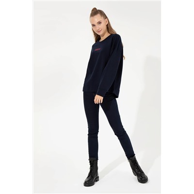 Kadın Lacivert Bisiklet Yaka Basic Sweatshirt