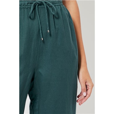 Pantalón relaxed fit de lino cintura alta - Verde oscuro