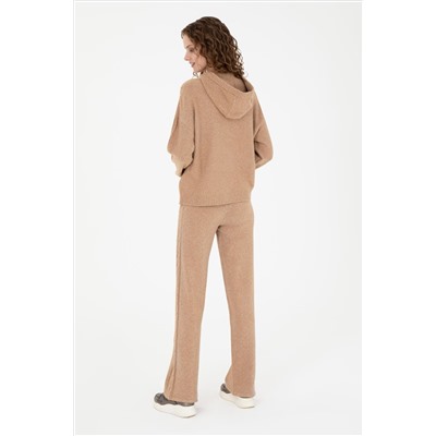 Kadın Kum Melanj Loose Fit Triko Pantolon