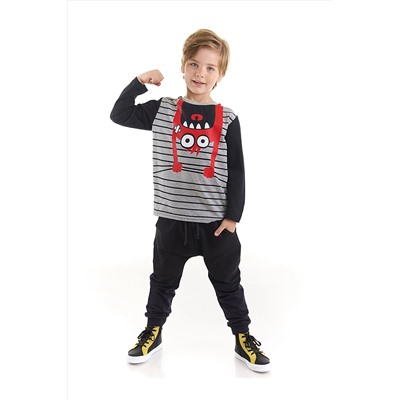 Denokids Sarkan Canavar Erkek Çocuk Gri T-shirt Siyah Pantolon Takım CFF-22S1-103