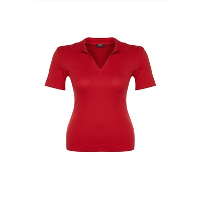 Kırmızı Polo Yaka Vücuda Oturan Fitilli Örme Bluz TBBSS22BZ0750