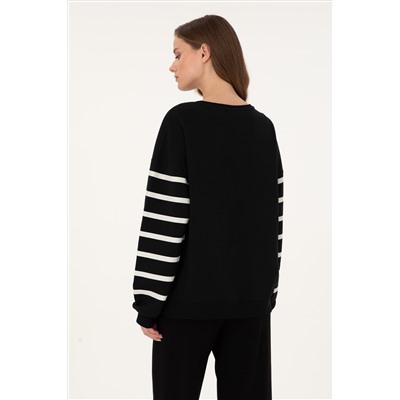 Kadın Siyah Çizgili Bisiklet Yaka Sweatshirt