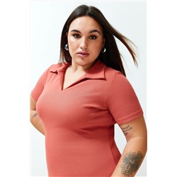 Kiremit Polo Yaka Midi Örme Büyük Beden Elbise TBBSS24AH00078