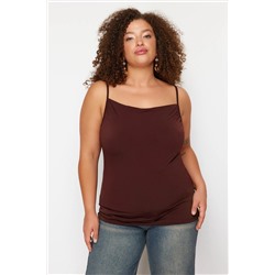 Kahverengi Degaje Yaka Askılı Örme Bluz TBBSS24AF00006