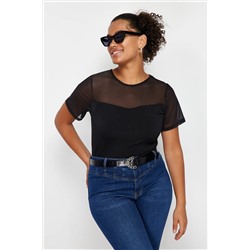 Siyah Kalp Yaka Mesh Detaylı Örme Bluz TBBSS24AF00046