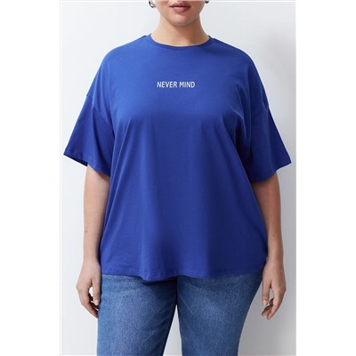 Saks Slogan Baskılı Oversize %100 Pamuk Örme Büyük Beden T-shirt TBBSS24BF00018