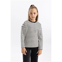 Defacto Kız Çocuk Loose Fit Çizgili Bisiklet Yaka Sweatshirt B2522A823WN