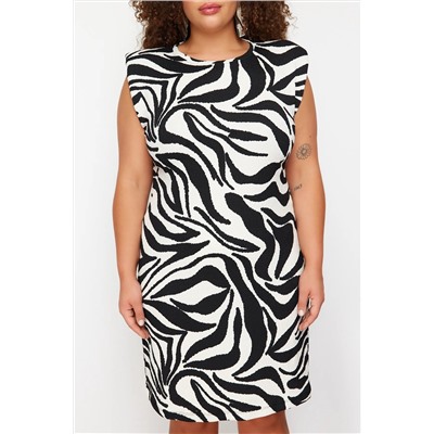 Siyah Zebra Baskılı Mini Örme Büyük Beden Elbise TBBSS24AH00142