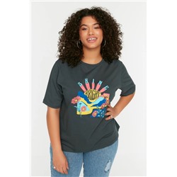 Antrasit Boyfriend Fit Bisiklet Yaka Baskılı %100 Pamuk Örme Büyük Beden T-Shirt TBBSS22TS1944