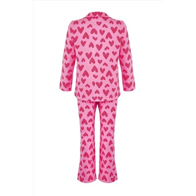 Pembe %100 Pamuklu Kalp & Leopar Desenli Gömlek-Pantolon Örme Pijama Takımı TBBAW26AI00017