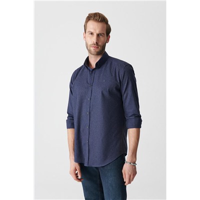 Lacivert Basic Düğmeli Yaka Pamuklu Comfort Fit Rahat Kesim Gömlek