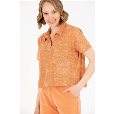 Kadın Pudra Crop Polo Yaka Tişört