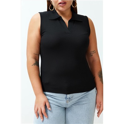 Siyah Fitted/Vücuda Oturan Polo Yaka Esnek Örme Büyük Beden Bluz TBBSS24AF00065