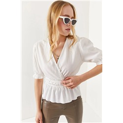 Olalook, Kadın Beyaz Beli Lastikli Kruvaze Bluz BLZ-19002187