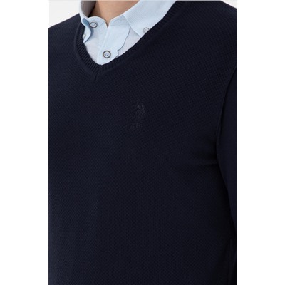 Erkek Slim Fit V Yaka Lacivert Basic Kazak