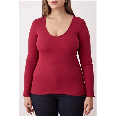 Bordo-Ekru 2'li Paket V Yaka Fitted/Vücuda Oturan Pamuklu Esnek Örme Bluz TBBAW26AF00018