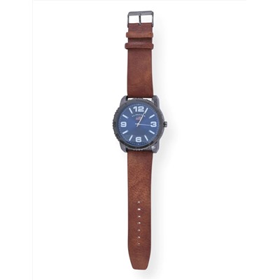 MEN'S BLUE FACE AND BROWN STRAP ANALOG WATCH