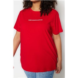 Kırmızı Boyfriend Fit Slogan Baskılı Bisiklet Yaka %100 Pamuk Büyük Beden T-Shirt TBBSS23BF00022