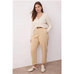 Bej Yüksek Bel Kemerli Mom Fit Denim Büyük Beden Jeans TBBAW26CJ00026