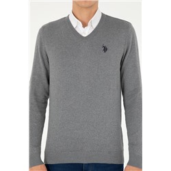 Erkek Slim Fit V Yaka Gri Melanj Basic Kazak