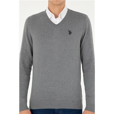 Erkek Slim Fit V Yaka Gri Melanj Basic Kazak