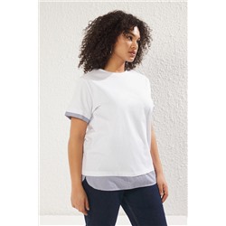 Beyaz Yaka ve Etek Ucunda Çizgili Poplin Detaylı Örme Büyük Beden T-shirt TBBSS25BF00003