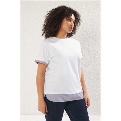 Beyaz Yaka ve Etek Ucunda Çizgili Poplin Detaylı Örme Büyük Beden T-shirt TBBSS25BF00003