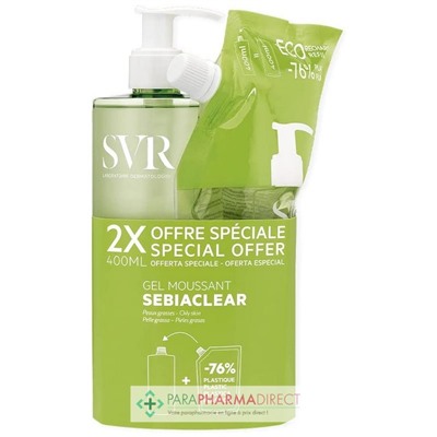 SVR SEBIACLEAR GEL MOUSSANT - Nettoyant sans Savon, Purifiant, Désincrustant 400ml + ECO RECHARGE 400ml