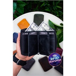 Garbalia, Fargo Vintage Deri Rfid Engelleyici Fermuarlı Siyah Kartlık Cüzdan