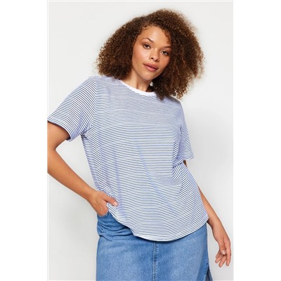 Lacivert Çizgili Bisiklet Yaka Çizgili Örme T-Shirt TBBSS23BF00068
