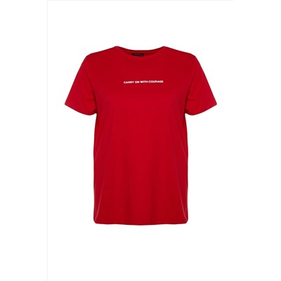 Kırmızı Boyfriend Fit Slogan Baskılı Bisiklet Yaka %100 Pamuk Büyük Beden T-Shirt TBBSS23BF00022