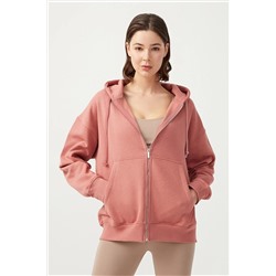 LOS OJOSKadın Gül Kurusu Kapüşonlu Oversize Şardonlu Fermuarlı Örme Sweatshirt