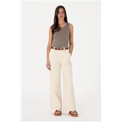 Kadın Ekru Loose Fit Kanvas Pantolon