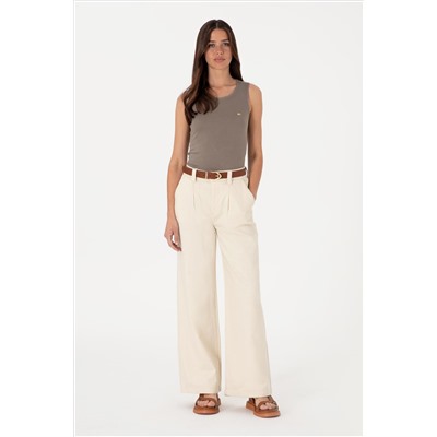 Kadın Ekru Loose Fit Kanvas Pantolon