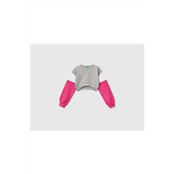 United Colors of Benetton Kız Çocuk Gri Melanj Renk Bloklu Crop Sweatshirt 223P3J68C10AR-501