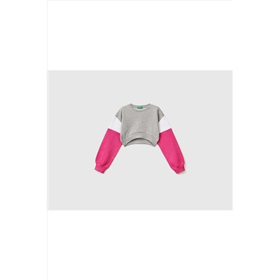 United Colors of Benetton Kız Çocuk Gri Melanj Renk Bloklu Crop Sweatshirt 223P3J68C10AR-501