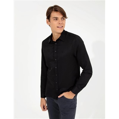 Siyah Slim Fit Armürlü Klasik Gömlek