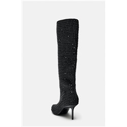 RHINESTONE DENIM HIGH-HEEL BOOTS