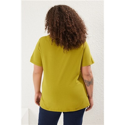 Yeşil Bisiklet Yaka Metalik Baskılı %100 Pamuk Örme T-Shirt TBBSS22TS2287
