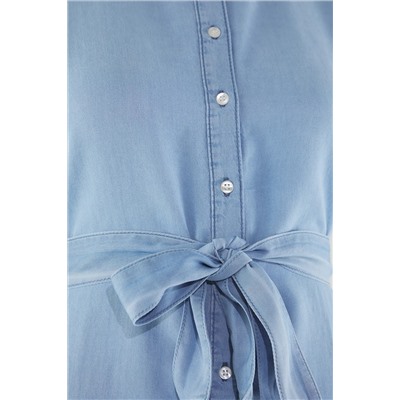 Mavi Bisiklet Yaka Balon Kol Tencel Denim Büyük Beden Elbise TBBSS25AH00090