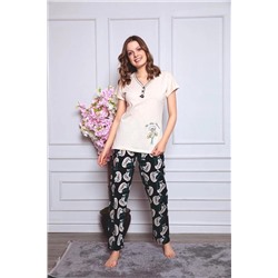 Meba Kadın Kısa Kollu Yaka Düğmeli Krem Siyah Penye Pijama Takımı 3113