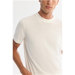 Ekru Yarım Balıkçı Yaka Kısa Kollu Triko T-Shirt