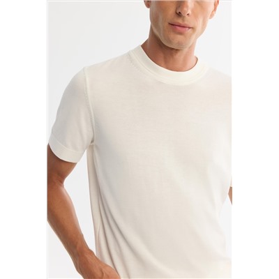 Ekru Yarım Balıkçı Yaka Kısa Kollu Triko T-Shirt