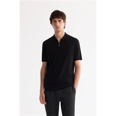 Avva, Erkek Siyah Polo Yaka Fermuarlı Rayon Triko T-shirt A42y5128